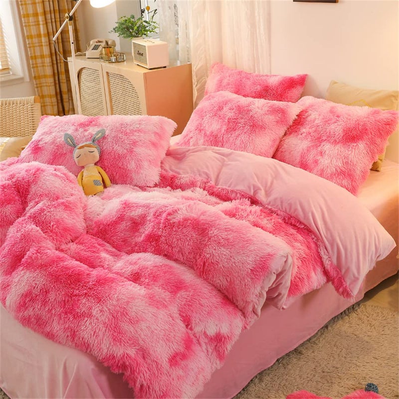 Gusuhome Faux Fur Plush Comforter Set Full/Queen Tie Dye Pink White Shaggy Fluffy Fuzzy Comforter Luxury Ultra Soft Microfiber Bedding Set 3 Pieces (Comforter x 1 Pillowcases x 2) … - Image 3